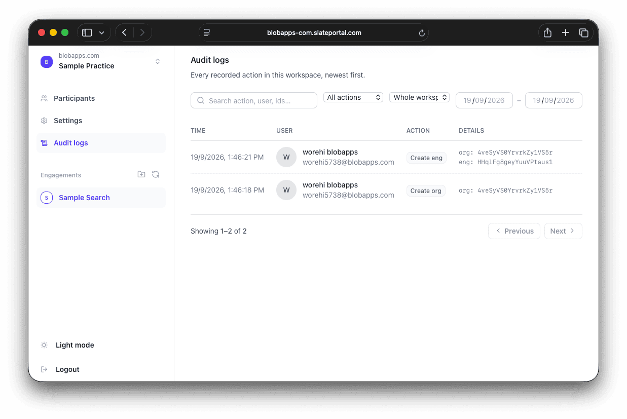 Audit log screen listing every recorded action in the workspace, newest first